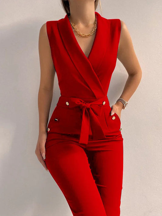 Women Casual V Neck Jumpsuits Button Lace Up Sleeveless