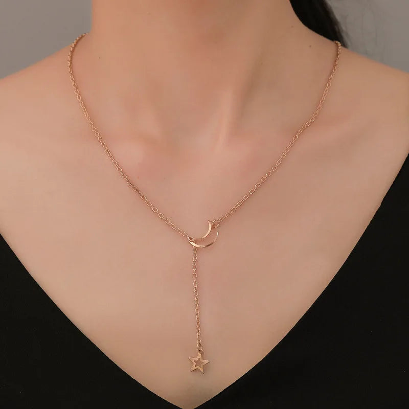 New Simple Moon Star Pendant Choker Necklace  Gold Color