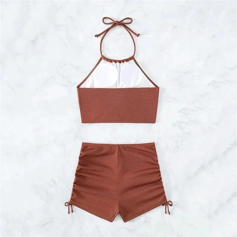 Brown Ribbed Swimwear Shorts Swimsuits Women Halter Bikinis Set String