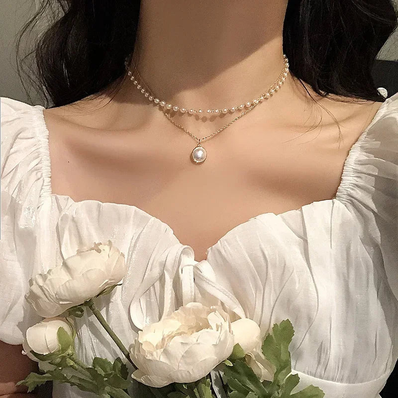 LATS Beads Women's Neck Chain Kpop Pearl Choker Necklace Gold Color