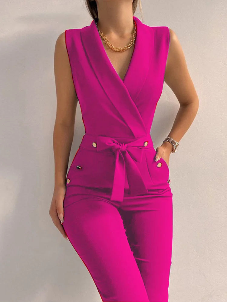 Women Casual V Neck Jumpsuits Button Lace Up Sleeveless