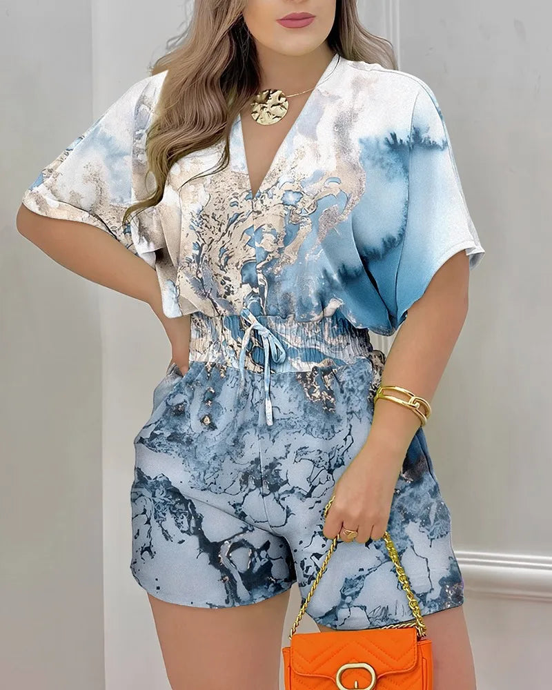 Jumpsuit Women Summer Loose Casual Printing  Jumpsuit Fashion V-neck Short Sleeve Waist Shorts Jumpsuit