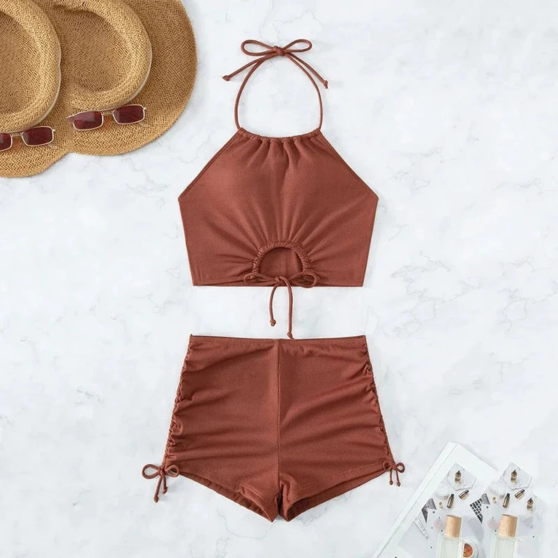 Brown Ribbed Swimwear Shorts Swimsuits Women Halter Bikinis Set String