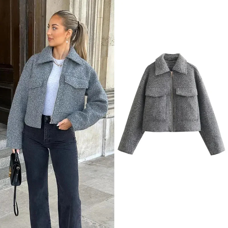 Autumn Winter Cropped Jacket for Women Short Coat Tweed Jacket Zip Crop