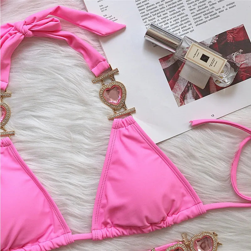 Pink Sexy Bikinis Swimsuit With Heart Rhinestones