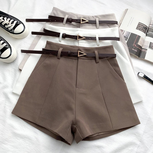 Casual Women's Shorts  High Waist Short Chic Office Lady Shorts With Belted Vintage