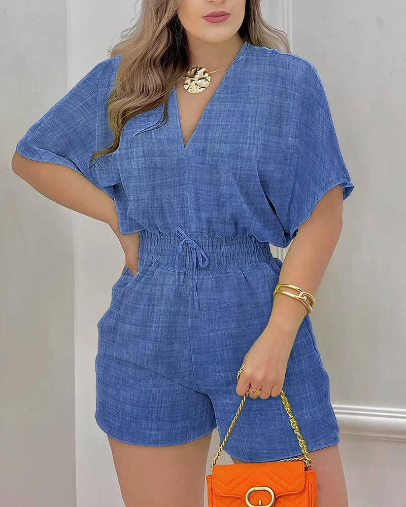 Jumpsuit Women Summer Loose Casual Printing  Jumpsuit Fashion V-neck Short Sleeve Waist Shorts Jumpsuit