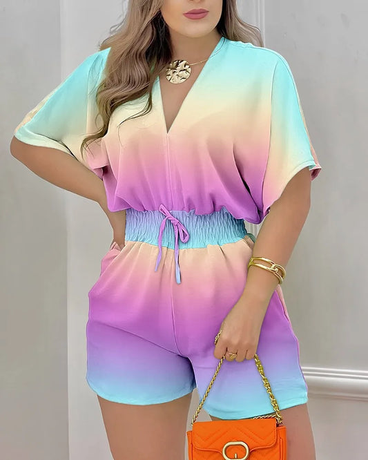 Jumpsuit Women Summer Loose Casual Printing  Jumpsuit Fashion V-neck Short Sleeve Waist Shorts Jumpsuit