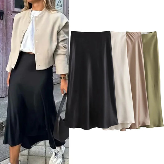 Black Satin Skirt Woman High Waist Elegant Long Skirts