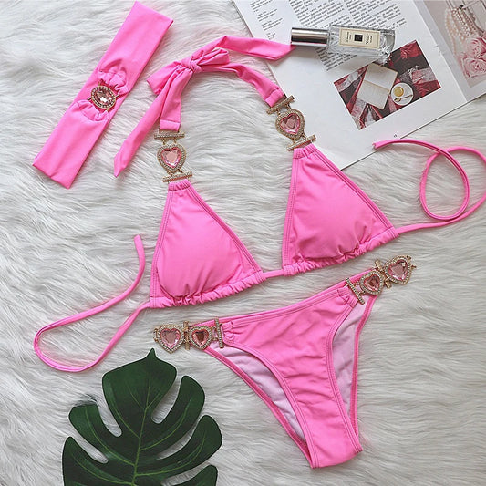 Pink Sexy Bikinis Swimsuit With Heart Rhinestones